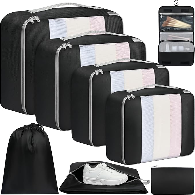 BAGAIL 8 Set Packing Cubes Various Sizes Packing Organizer for Travel Accessories Luggage Carry On Suitcase-Black