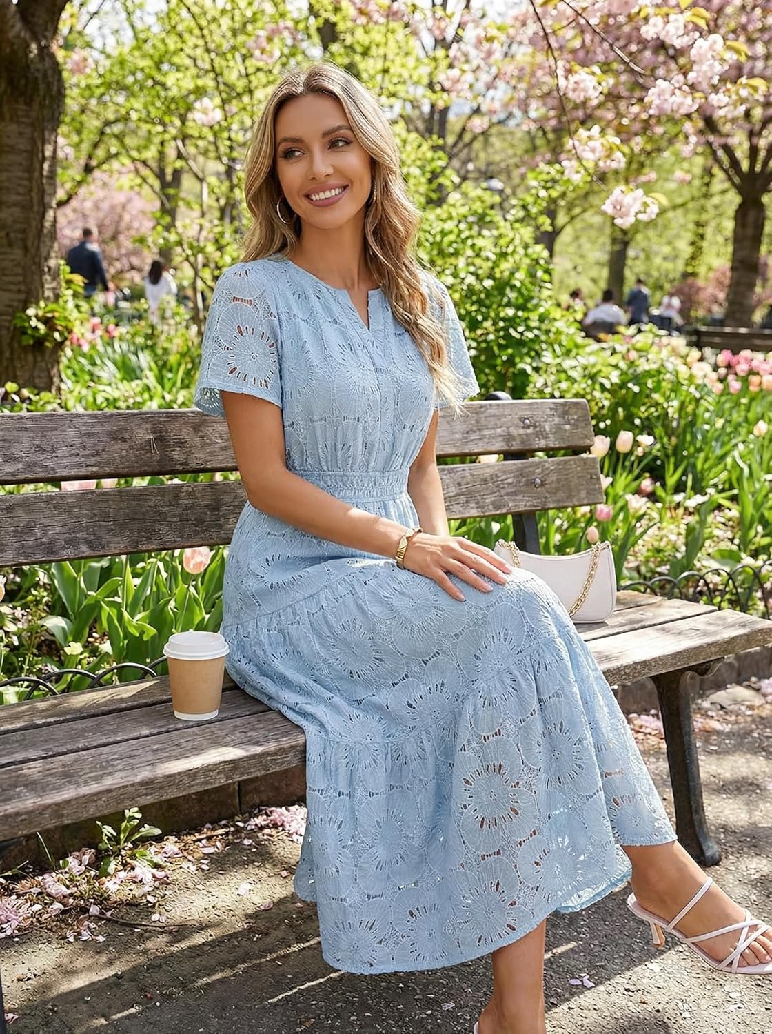 MEROKEETY Women's Summer Floral Maxi Dress 2026 Spring Boho Vacation Eyelet Lace Short Sleeve A Line Tiered Flowy Dresses - Image 5