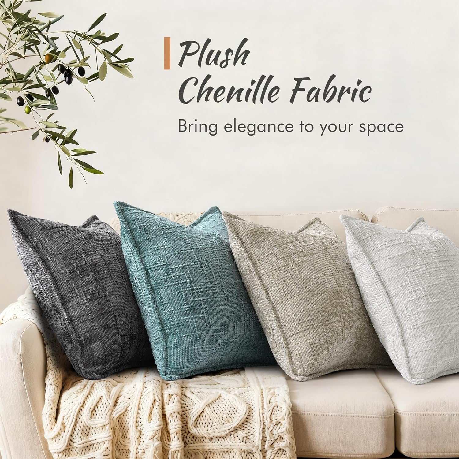 decorUhome Chenille Spring Throw Pillow Covers 20x20 Set of 2, Thick Textured Slubby Neutral Decorative Pillow Covers with Elegant Design for Couch, Sofa, Living Room, Teal - Image 4