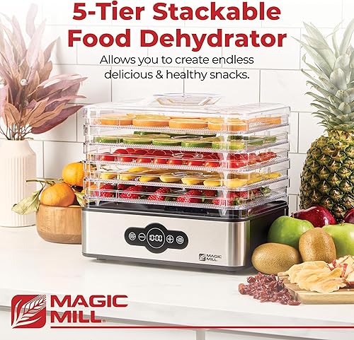 Miniatura 2 de Magic Mill Máquina deshidratadora de alimentos | 5 bandejas apilables de acero inoxidable, temporizador ajustable digital de 48 horas y control de