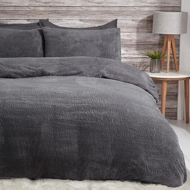 Sleepdown Teddy Fleece Duvet Cover Quilt Bedding Set with Pillow Cases Thermal Warm Cosy Super Soft - Charcoal- Super King