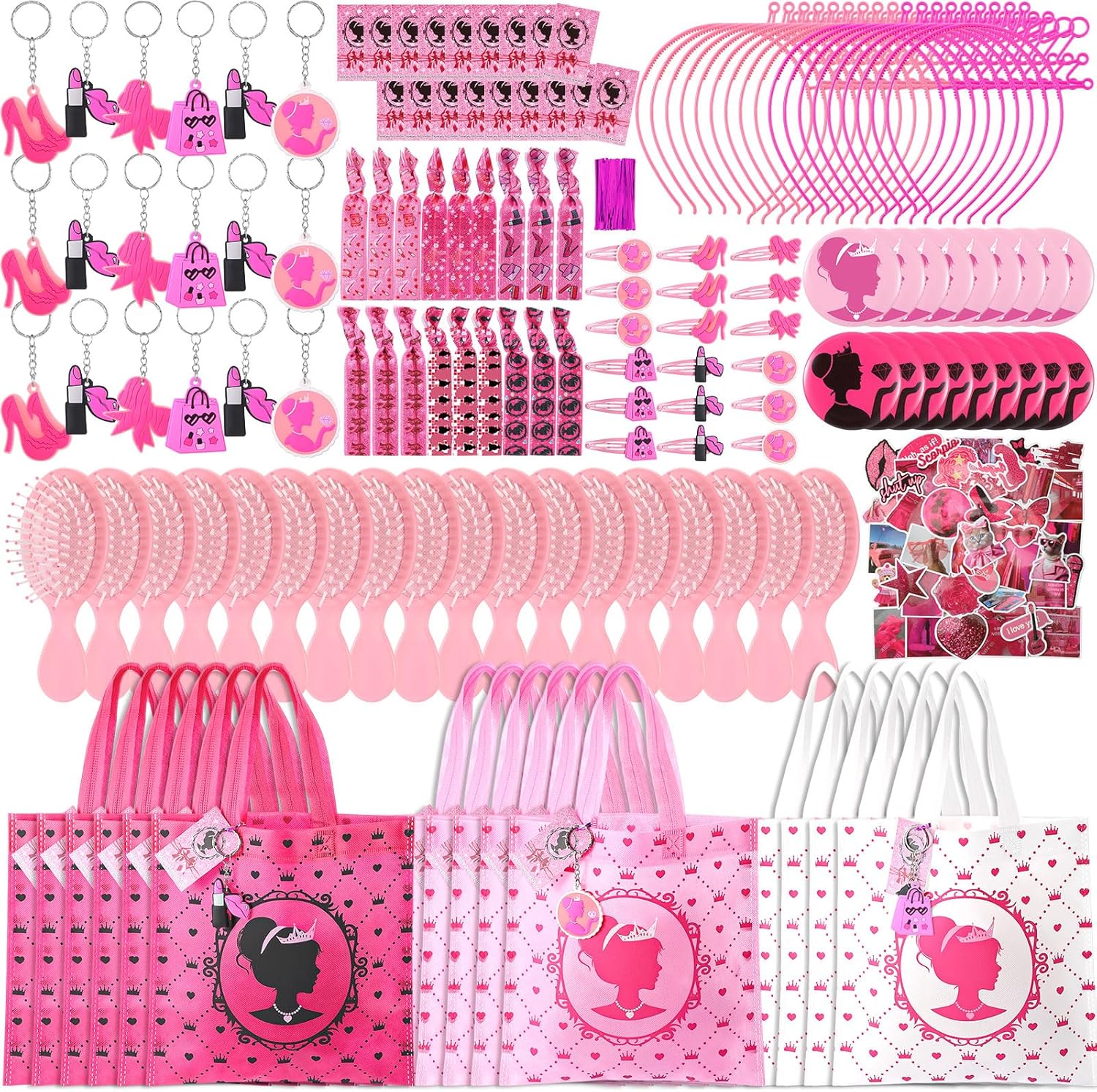 HyDren 195 Pcs Pink Girls Party Favors Hot Pink Princess Birthday Party Supplies Include Bag Crown Headband Comb Keychain Round Mirror Hairpin Card Sticker Hair Clip Bandaged Silk for Girls Gifts