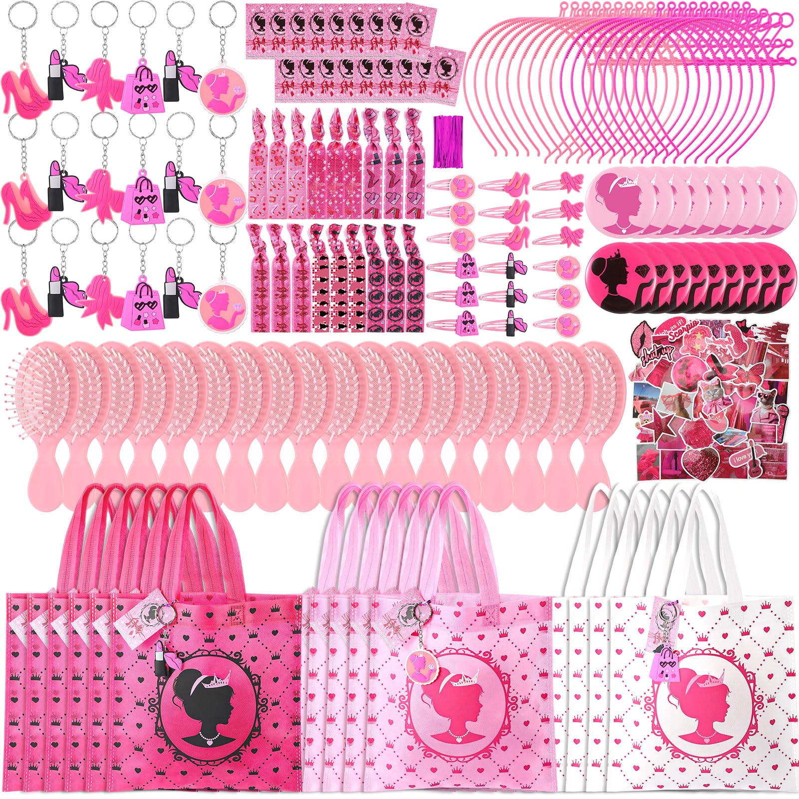 HyDren 147 Pcs Pink Girls Party Favors Hot Pink Princess Birthday Party Supplies Include Bag Crown Headband Comb Keychain Round Mirror Hairpin Card