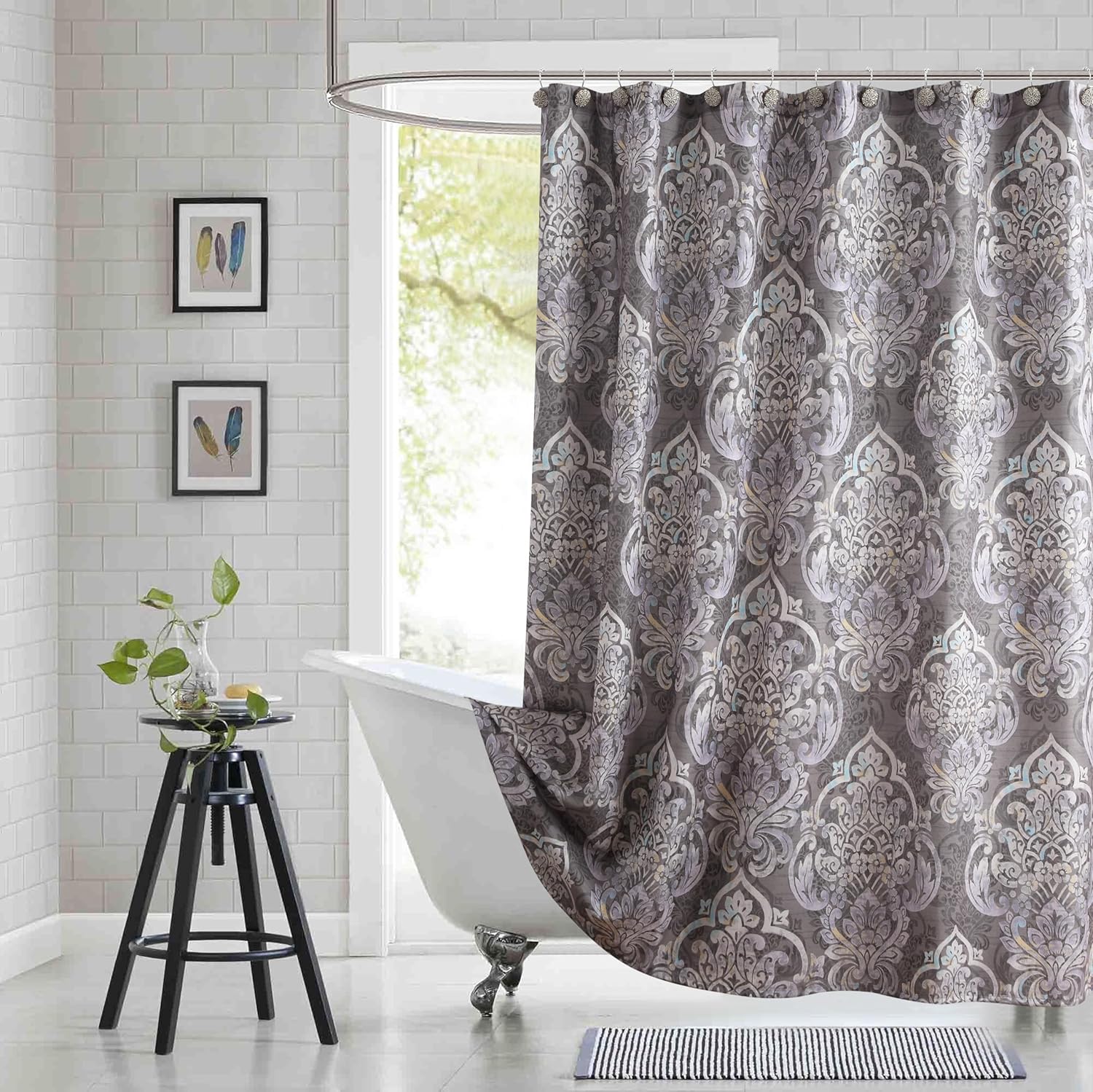 90 Inch Extra Long Shower Curtain, Gray Bath Curtain with Purple Baroque Medallions, Waterproof Hotel Quality Fabric, 72" W x 90" H