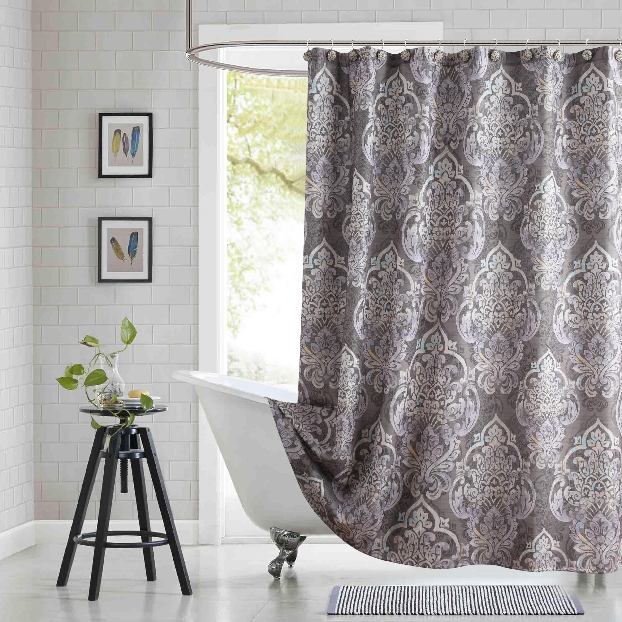 BESTRIPES Extra Long Shower Curtain 84 Inch, Gray Bath Curtain with Purple Baroque Medallions, Waterproof Hotel Quality Fabric, 72" W x 84" H