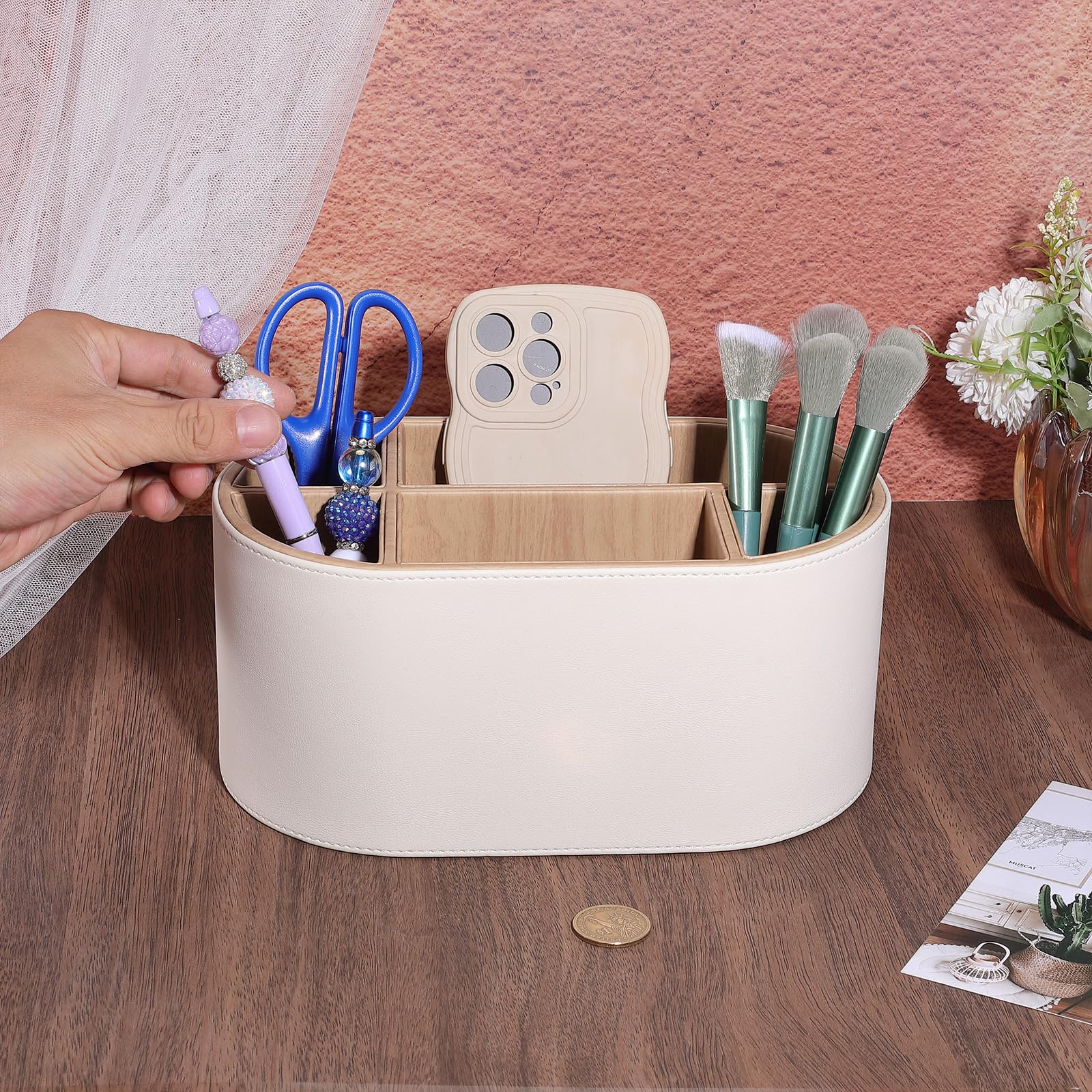 Organizador de escritorio de piel sintética con múltiples compartimentos, organizador de accesorios para mandos a distancia, bolígrafos, brochas de maquillaje, oficina, hogar, escuela