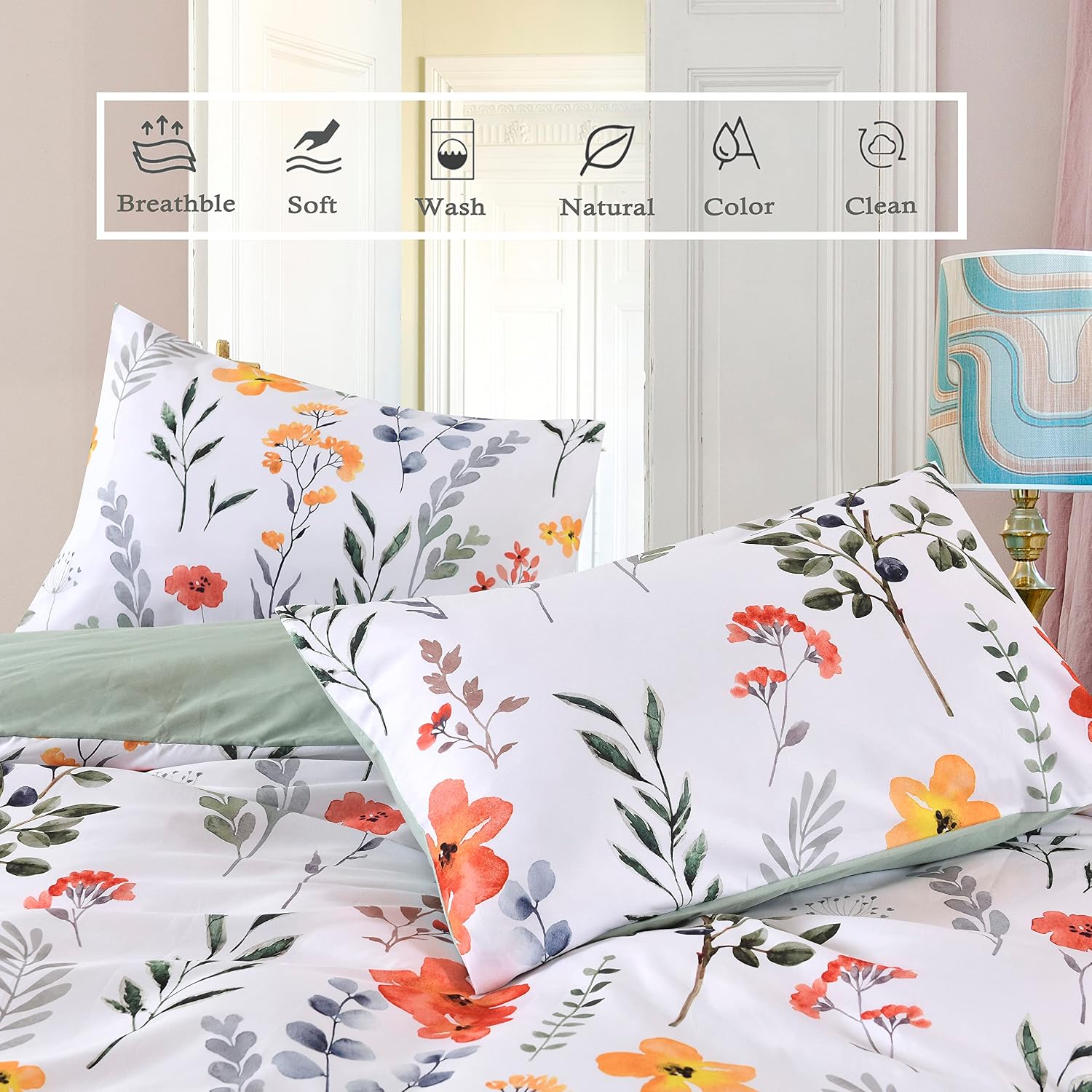 Caurbed 2 Pack Floral Pillow Cases Soft Microfiber Decorative Pillow Shams, Standard Size Yellow Flowers and Green Leaves (Green Floral, Standard)