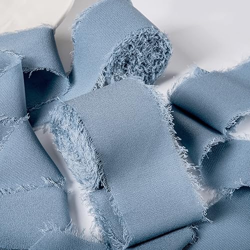 Miniatura 2 de JEDIA Cinta de gasa, 6 rollos de cintas de seda de gasa con flecos de color azul polvoriento, 1.5 pulgadas x 7 yardas, juego de cintas para envolver