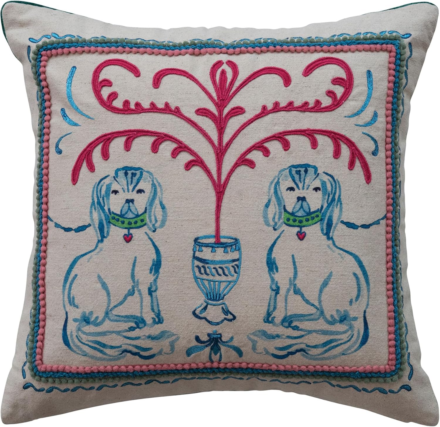 Creative Co-Op Square Cotton and Linen Printed Pillow with Dog Scene, Embroidery, and Velvet Back, Multicolor