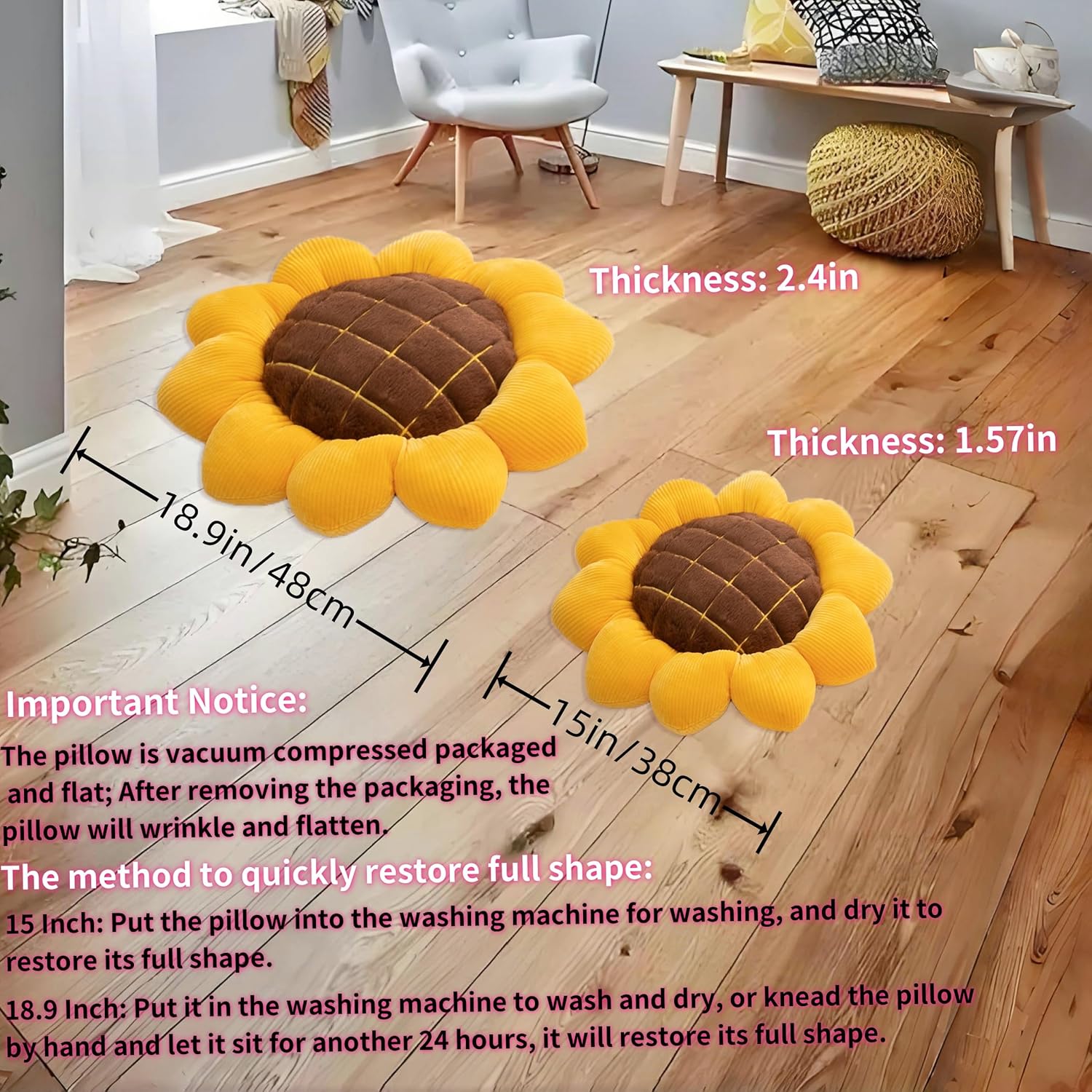 2 Pcs Sunflower Throw Pillow for Home Decor, Sunflower Shaped Pillows Large Flower Floor Seating Cushions Chair Pads for Bed Car Couch Office (19 Inch)