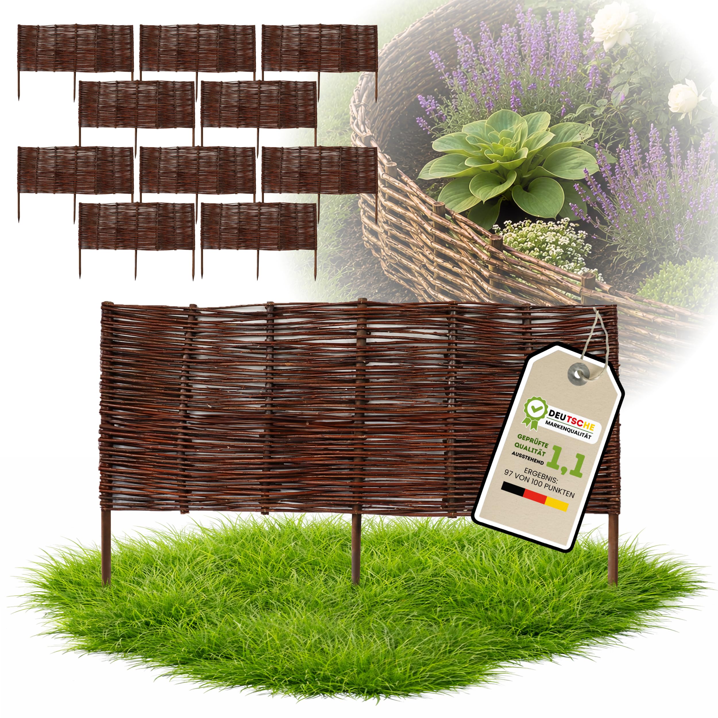 Floranica 10 pezzi Recinzione in vimini 40 cm x 100 cm – Staccionata da giardino intrecciata Palizzata Recinzione naturale Bordo aiuola