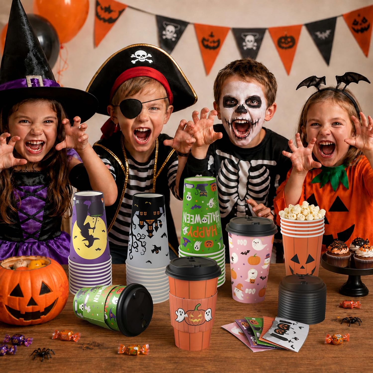 Disposable Halloween Coffee Cups with Lids & Sleeves