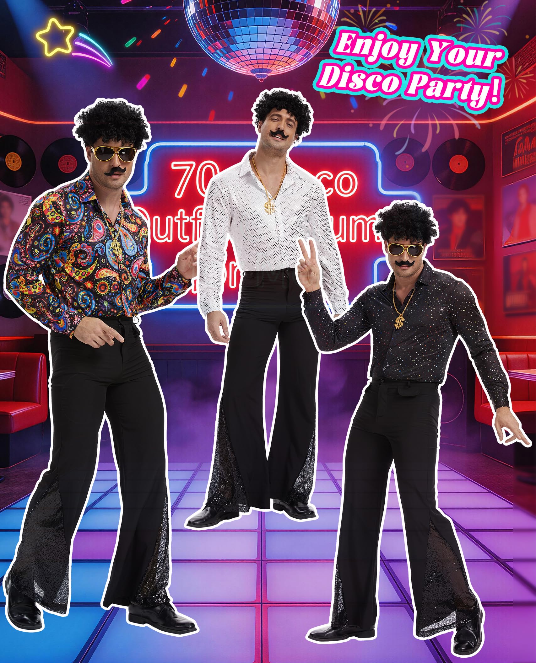 Disfraz de discoteca de los años 70, camisa de lentejuelas y pantalones acampanados, con peluca afro, gafas de sol, cadena dorada y bigote