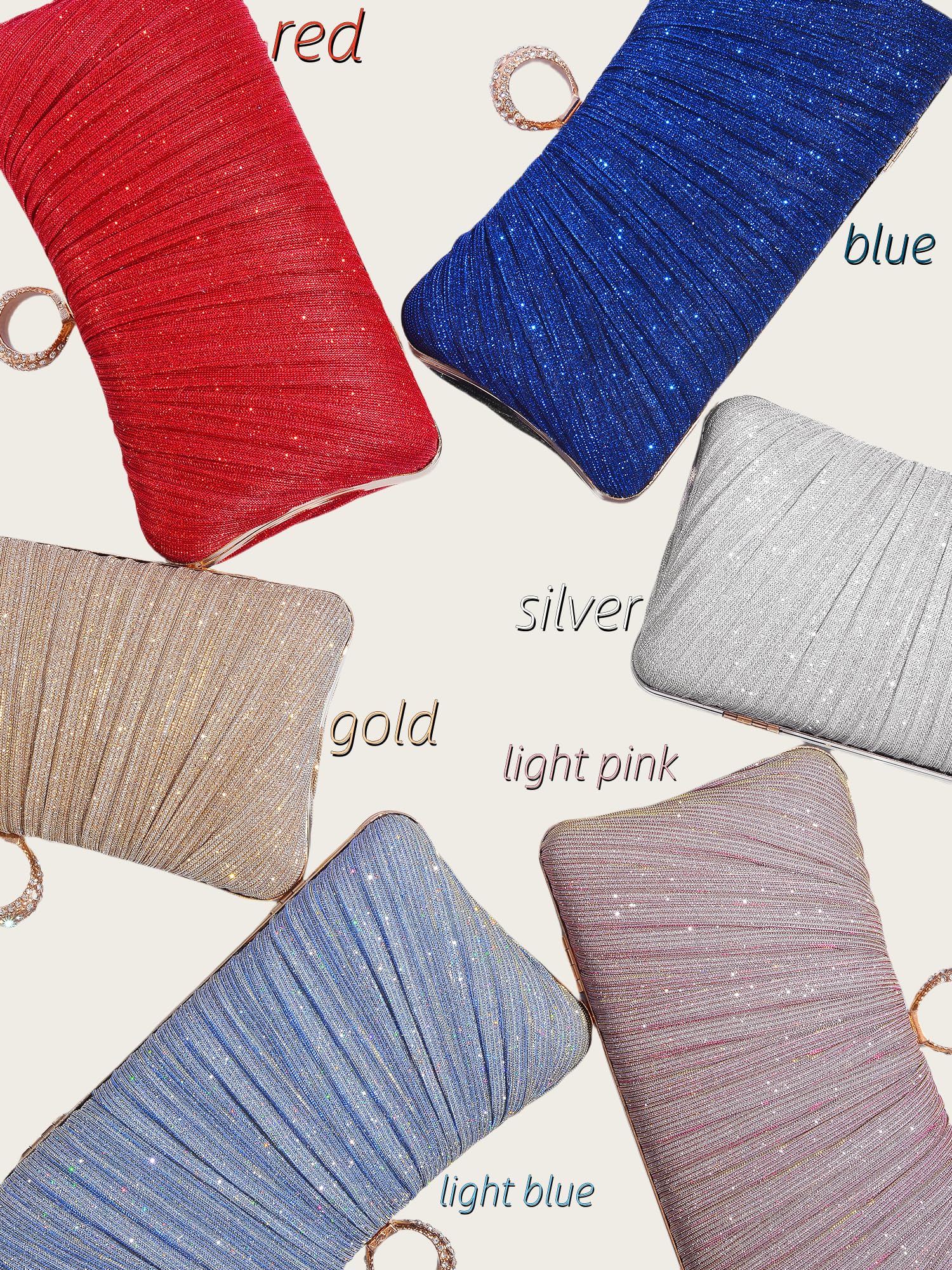Womens en Glitter Clutch Purse Pleated Evening Bag for Bridal Wedding Party with Rhinestone Ring