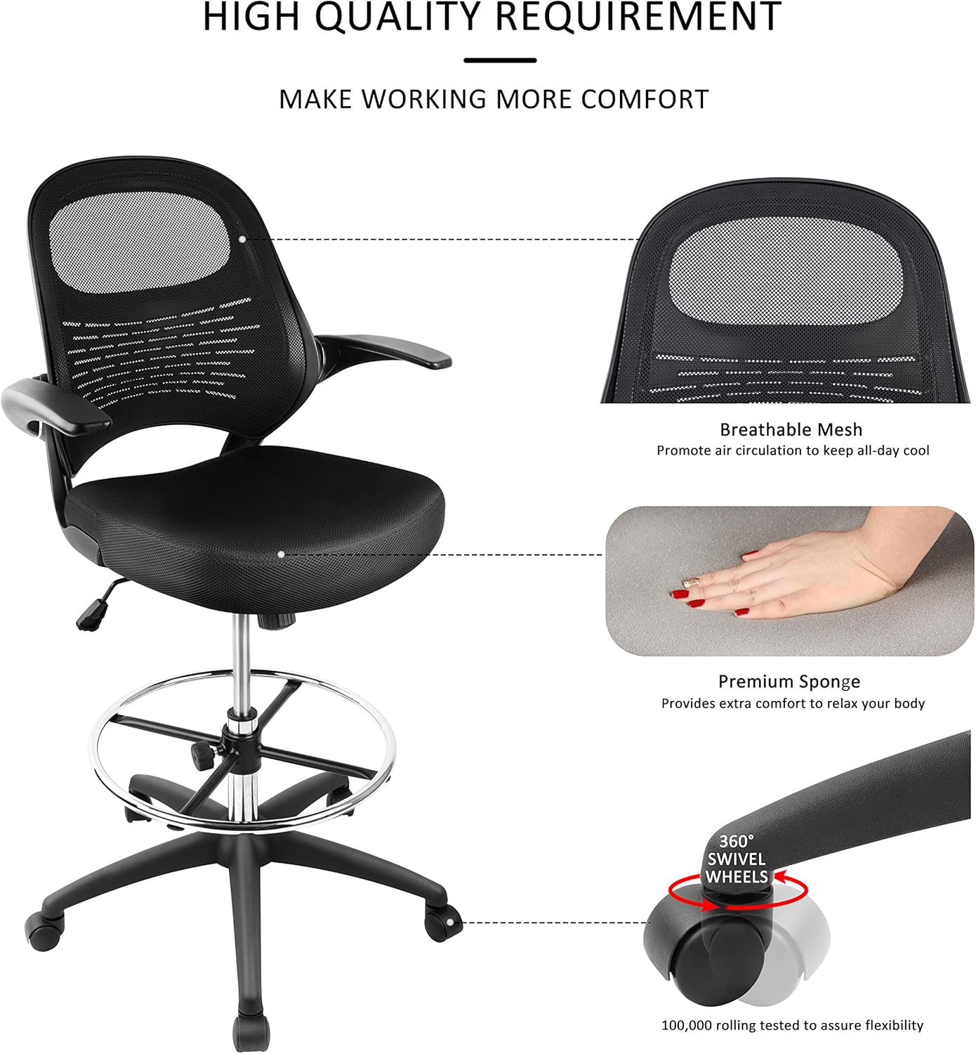 Hylone Drafting Chair, Tall Office Chair for Standing Desk, Mesh Drafting Table Chair with Adjustable Foot Ring, Flip-Up Arms, Black : Office Products