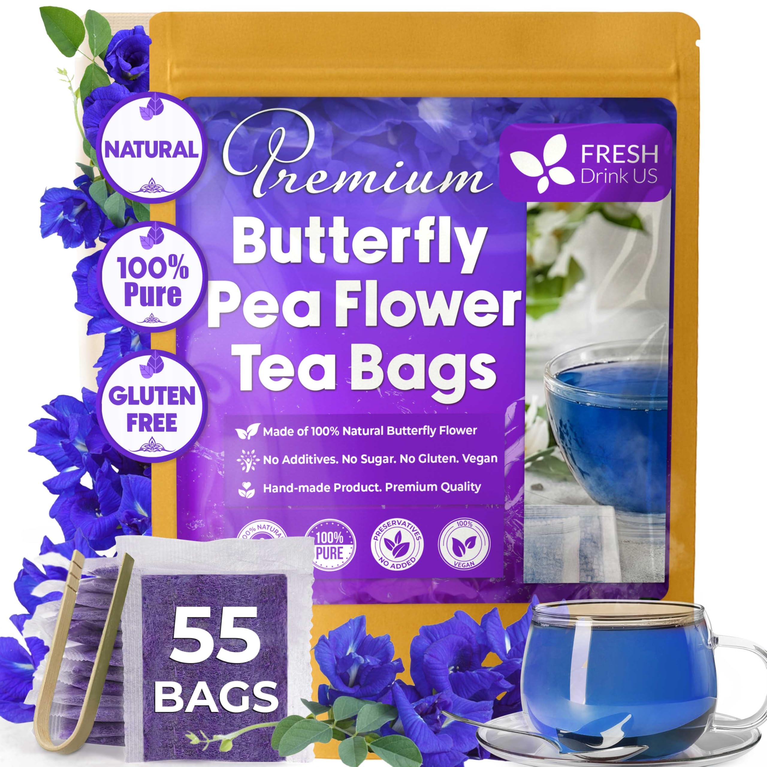 FRESHDRINKUS 55 Premium Butterfly Pea Tea Bags, 100% Natural and Pure from Butterfly Pea Flowers, Hand-made, Made With Natural Materials-Corn Fiber Tea Bag, Sugar/Caffeine/Gluten Free, Vegan