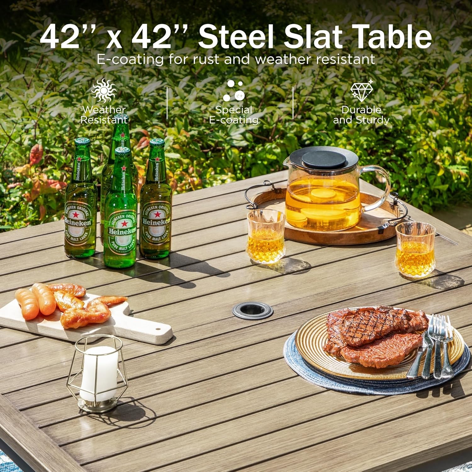PHI VILLA 5-Piece Outdoor Dining Set, Heavy Duty Patio Table and Chairs Set with Umbrella Hole for 4, 42" Square Patio Woodgrain Metal Table with Wicker Metal Chairs with Cushions