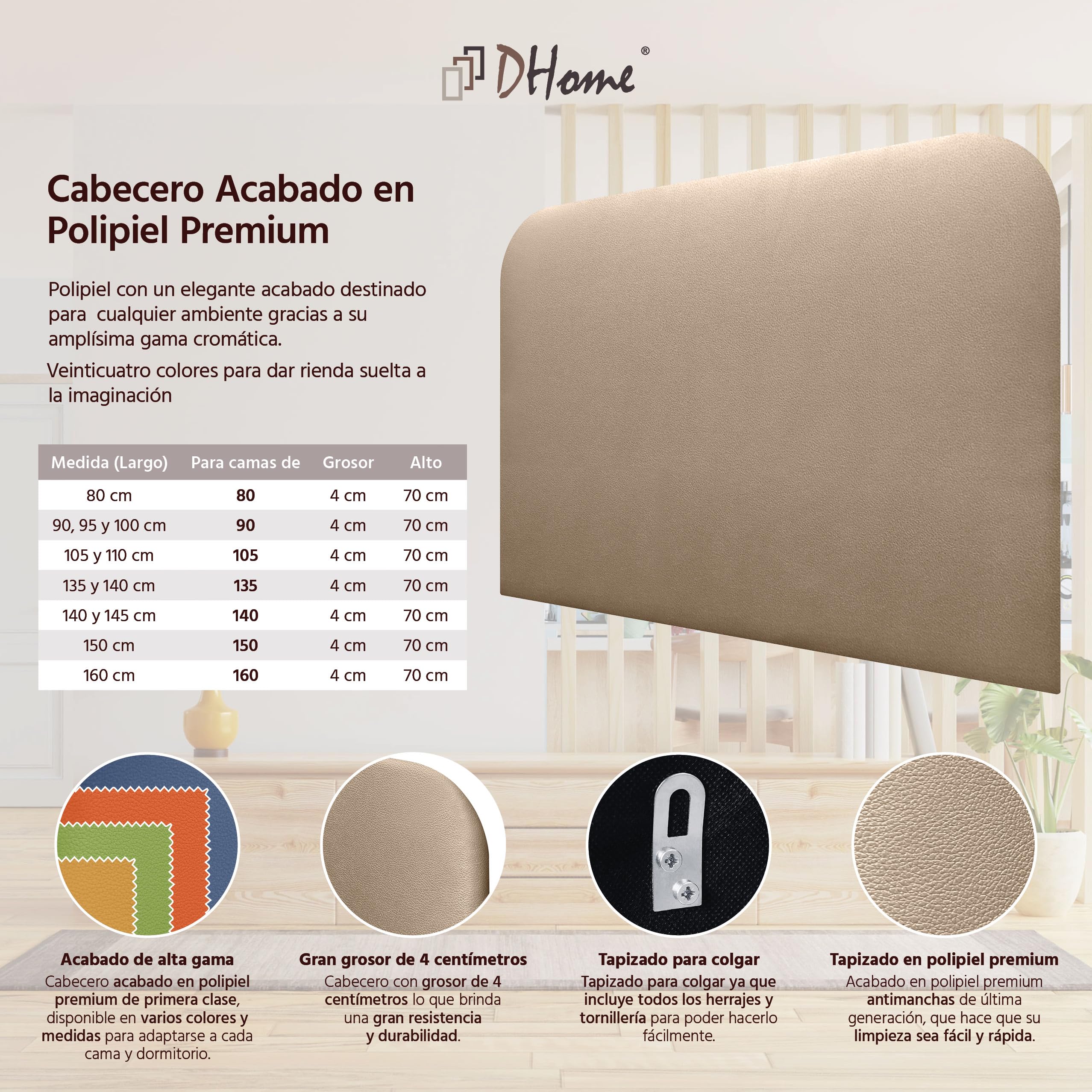 DHOME Cabecero Tapizado Liso Curvo Polipiel 70cm Altura para Pared Acústicos Cabeceros Absorbentes Cabezal Cama Dormitorio (Champán, 90cm)