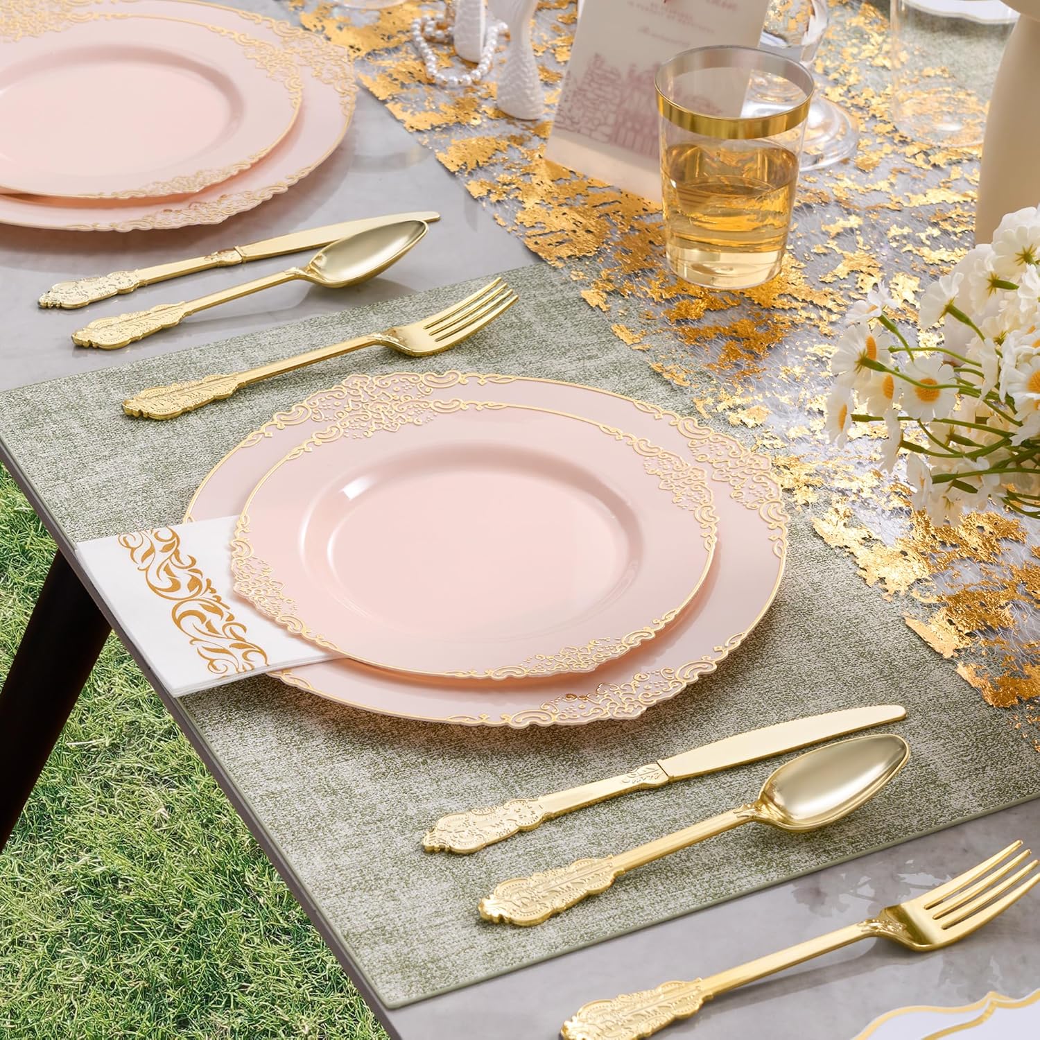 350pcs Pink Plastic Plates, Elegant Disposable Dinnerware Set, 125 Pieces, White and Gold, Plates, Cups, Cutlery and Napkins (Pink, 50 Guests) - Image 4