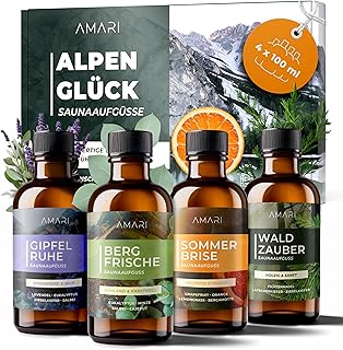 Amari ® Saunaaufguss Set Alpenglück – natürliche Saunadüfte mit Bio-Ethanol – Naturreine Ätherische Öle – Aufgussmittel, Sauna, Saunaöl, Duftöl