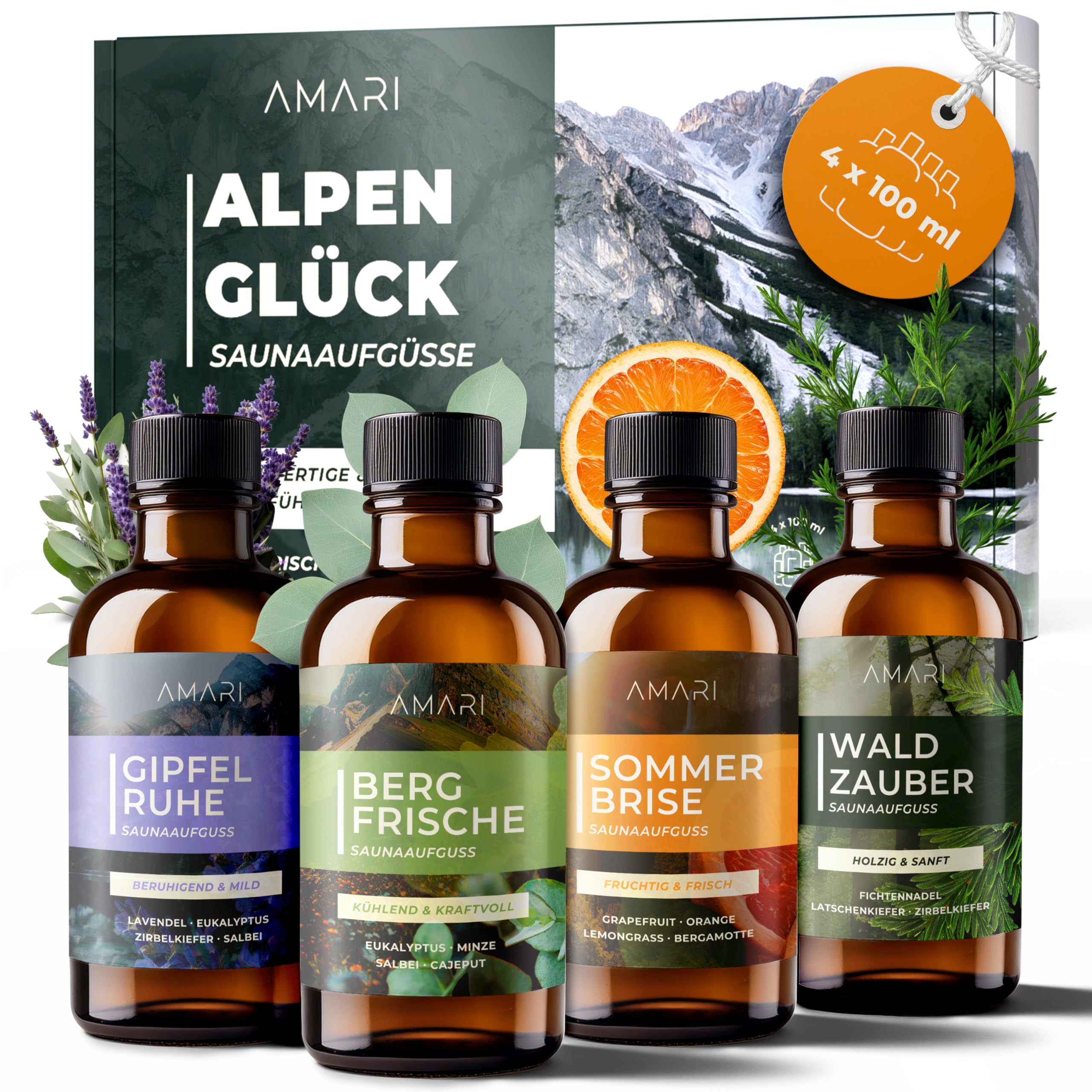 Amari ® Saunaaufguss Set Alpenglück – natürliche Saunadüfte mit Bio-Ethanol – Naturreine Ätherische Öle – Aufgussmittel, Sauna, Saunaöl, Duftöl