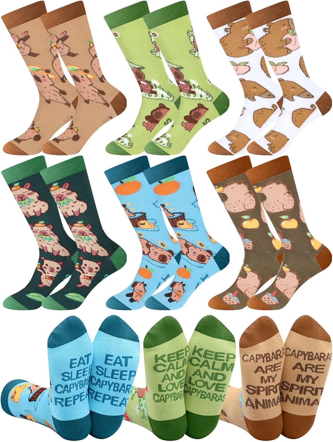 6 Pairs Funny Capybara Socks Novelty Cute Casual Cotton Crew Socks Capybara Lover Gifts Ideas for Women Girls Mother's Day Birthday Party Favor