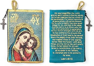 Catholic Rosary Pouch – Woven Tapestry Madonna and Child & Mary's Song of Praise Purse From The Holy Land - Coin, Jewelry & Rosary Case w/Cross Pendant Zipper - Catholic Gifts for Women (4" x 6")
