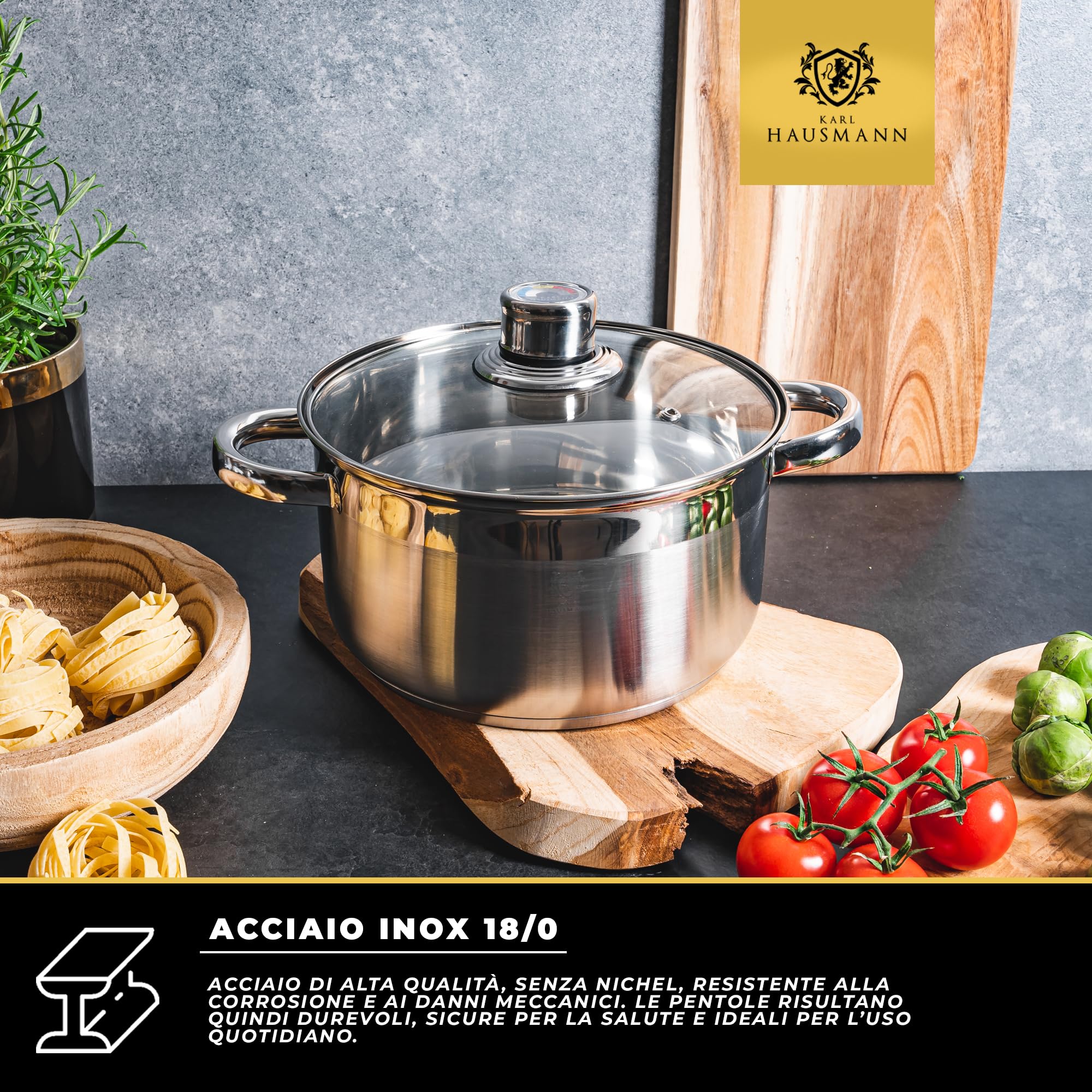 KARL HAUSMANN Set Pentole 4 Pezzi Acciaio Inox con Coperchi Termometro - Batteria Cucina Induzione, Pentole per Uso Quotidiano, Gas, Elettrico, Vetroceramica, 4 Misure