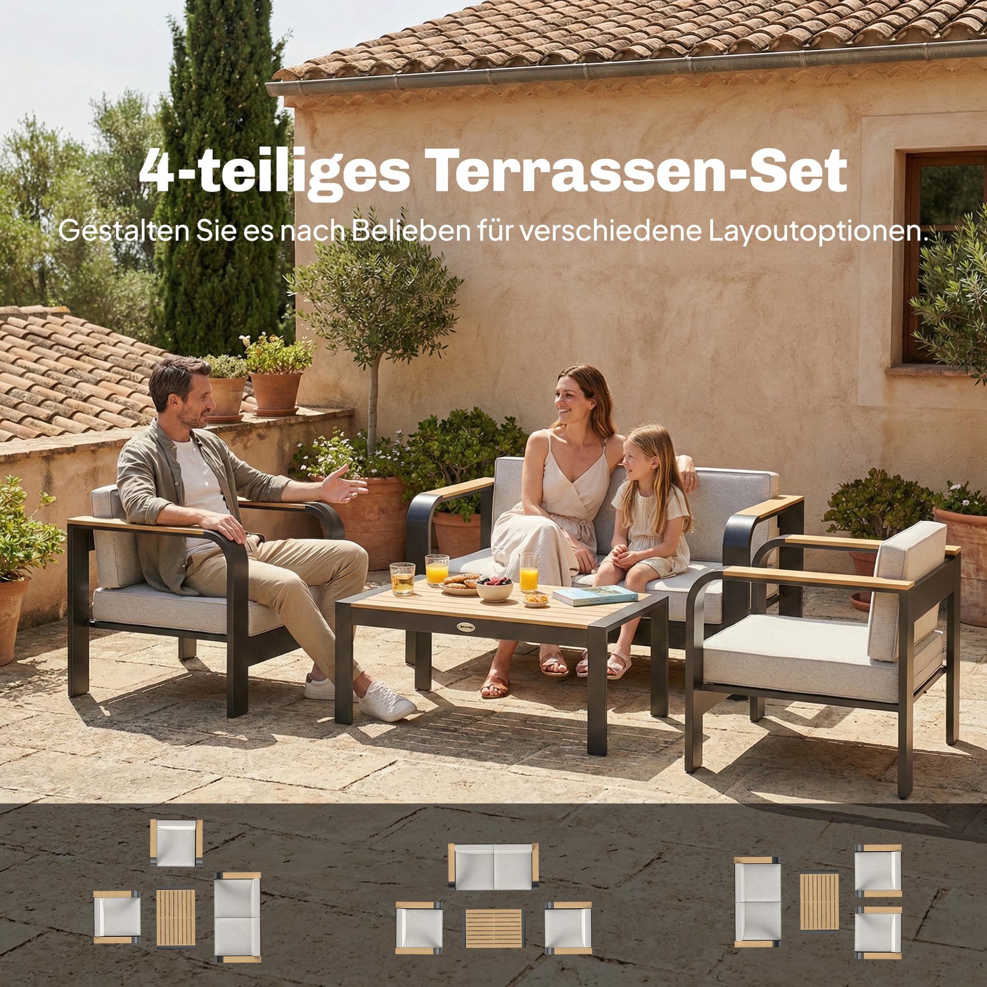 Outsunny Gartenmöbel Set Aluminium für 4 Personen Wasserabweisend Beige | Sitzgruppe, Extra Tiefe Gartenlounge Outdoor, 2er Sofa, 2 Sessel, Beistelltisch, Balkonmöbel, Terrassenmöbel