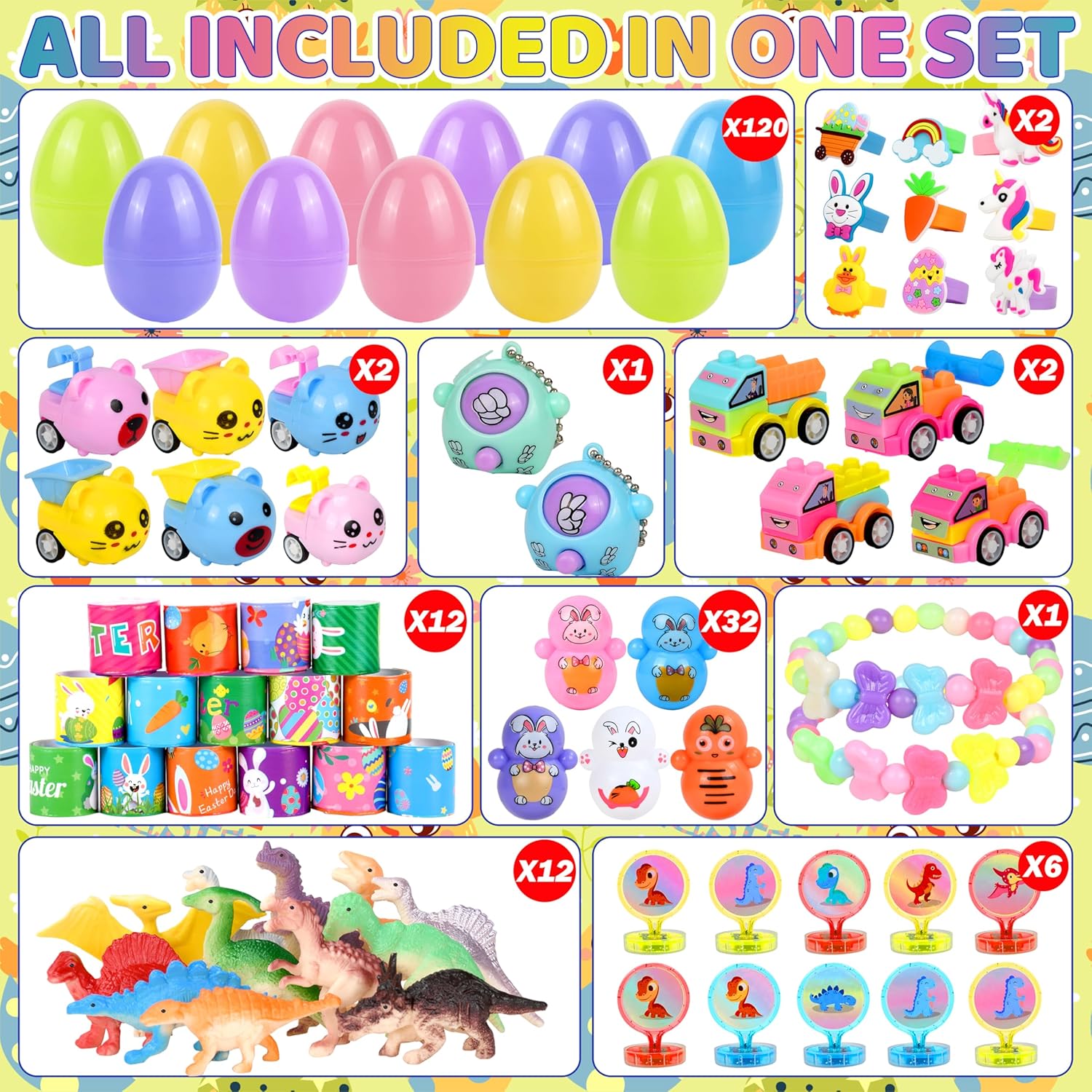 360 Pcs Easter Prefilled Egg Set,120 Plastic Eggs with 240 Mini Toys & Stickers Easter Hunt Basket Stuffers, Party Favors for Kids Classroom Prize Supplies,Gift for Girls and Boys