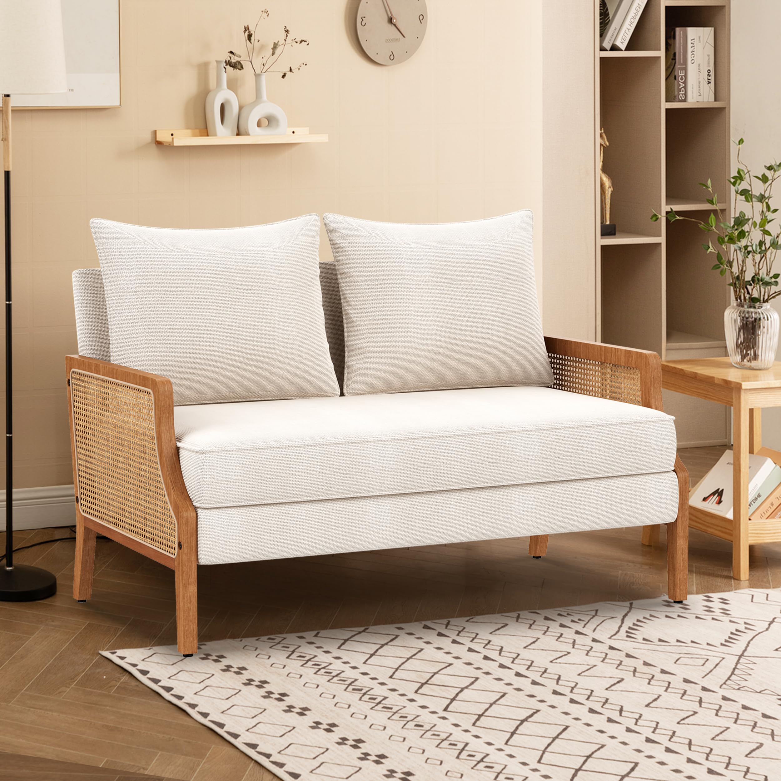 Aklaus 45" W Fabric Small Beige loveseat with Natural Rattan Arms,Upholstered Modern Mini Sofa Linen Couch Love Seat Settee Bench with Back for Living