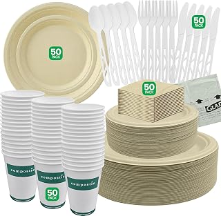 Compostie 350pcs Compostable Paper Plates Set for 50 Guests, Sturdy Disposable Tableware Set for Events Parties Weddings Includes Biodegradable Plates, Forks, Knives, Spoons, Cups, Napkins…
