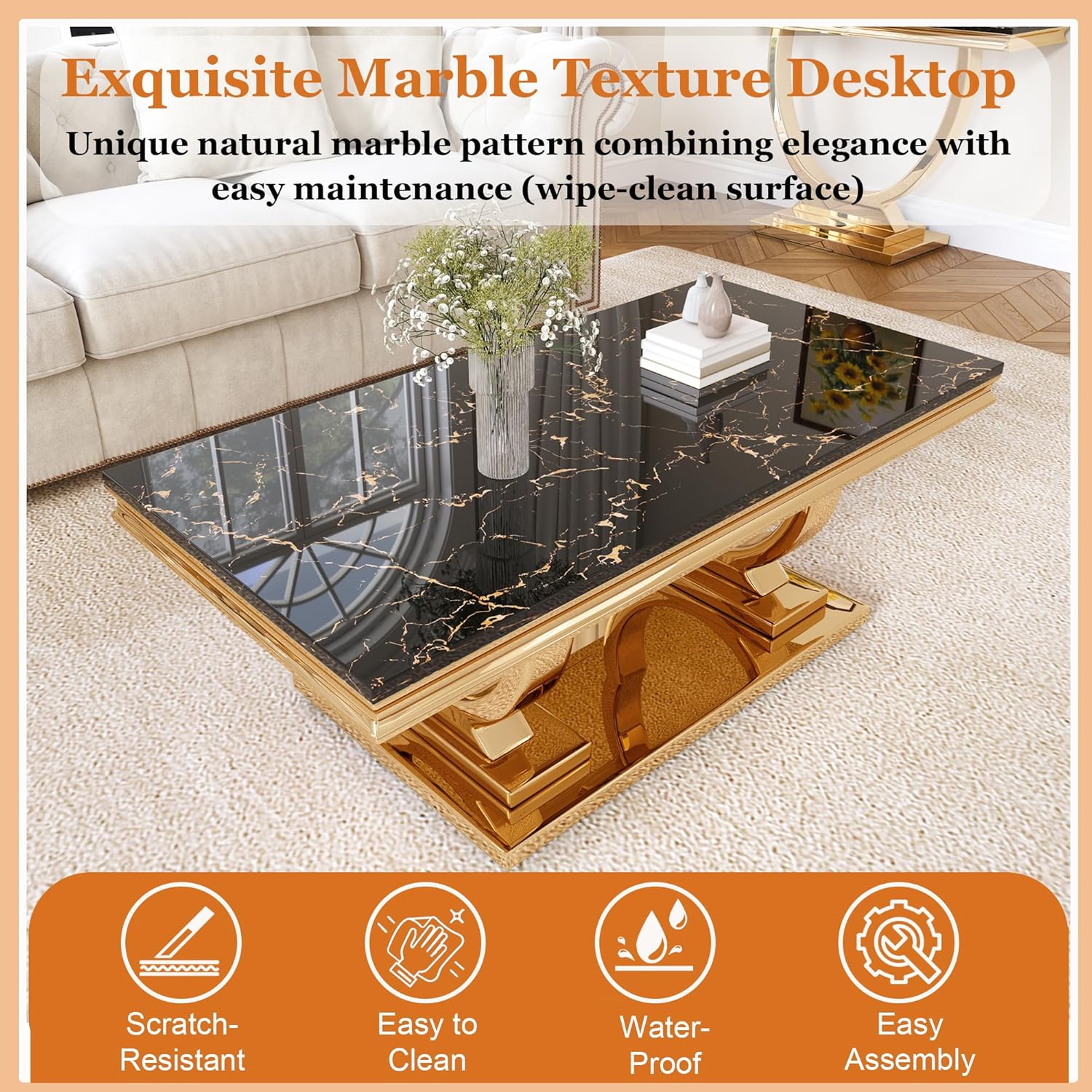 Luxury Marble Coffee Table, 47" Rectangle Coffee Table with Faux Marble Tabletop & Gold Stainless Steel Base, Modern Center Table for Living Room, Office