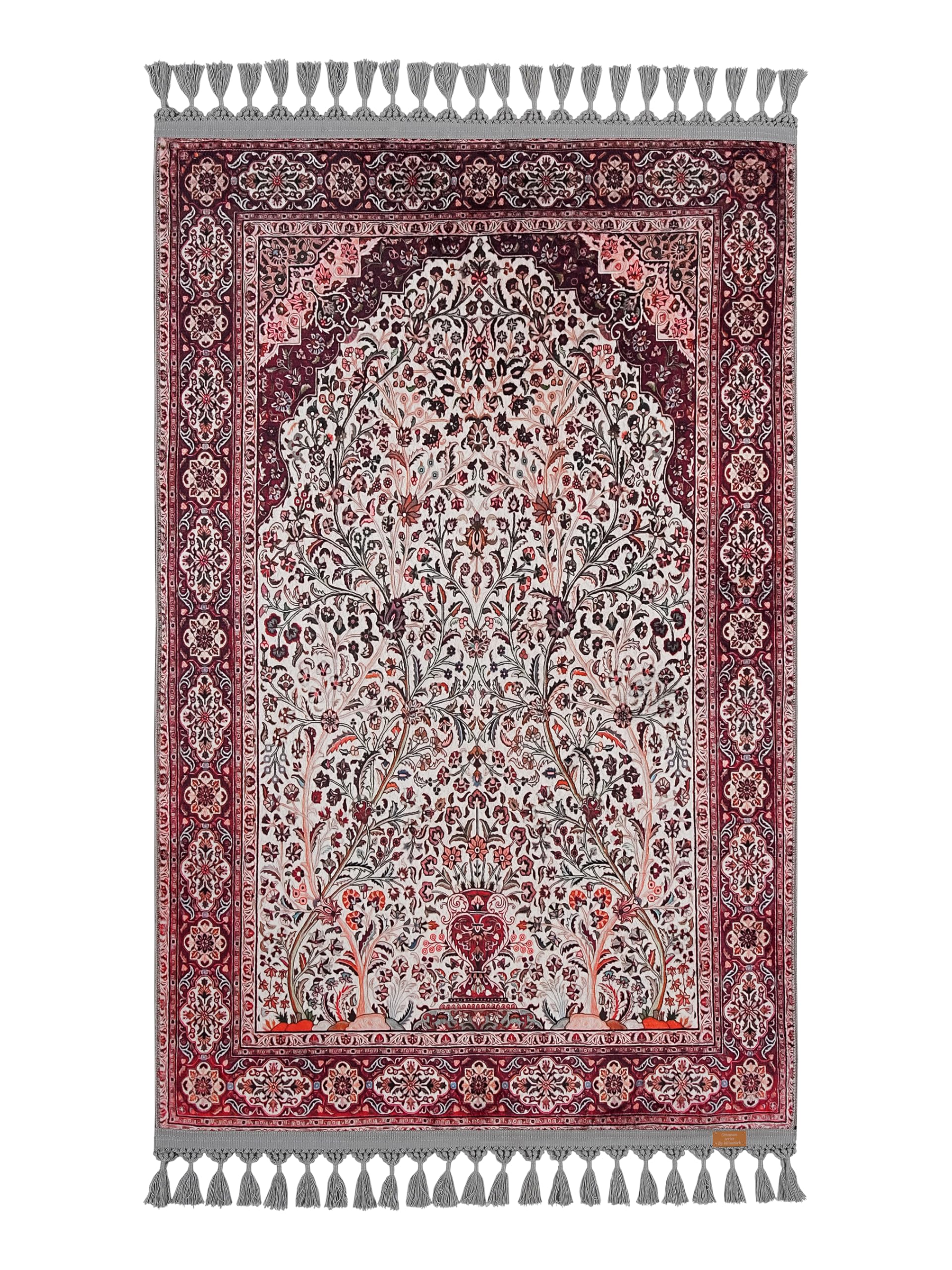 Alfombra turca de oración con diseño floral de bordes burdeos y borlas