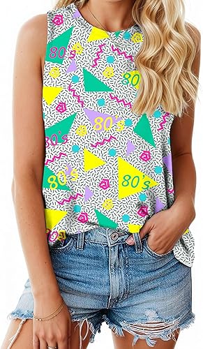 Camisetas sin mangas de neón de los años 80 para mujer, camisetas de nostalgia de los años 90, traje de fiesta brillante, chaleco gráfico de