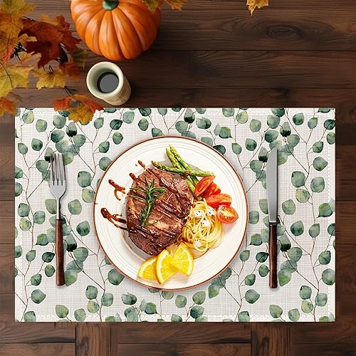 Miniatura 6 de Juego de 6 manteles individuales de eucalipto verde salvia, lavables, resistentes al calor, de 12 x 18 pulgadas, manteles individuales de lino con