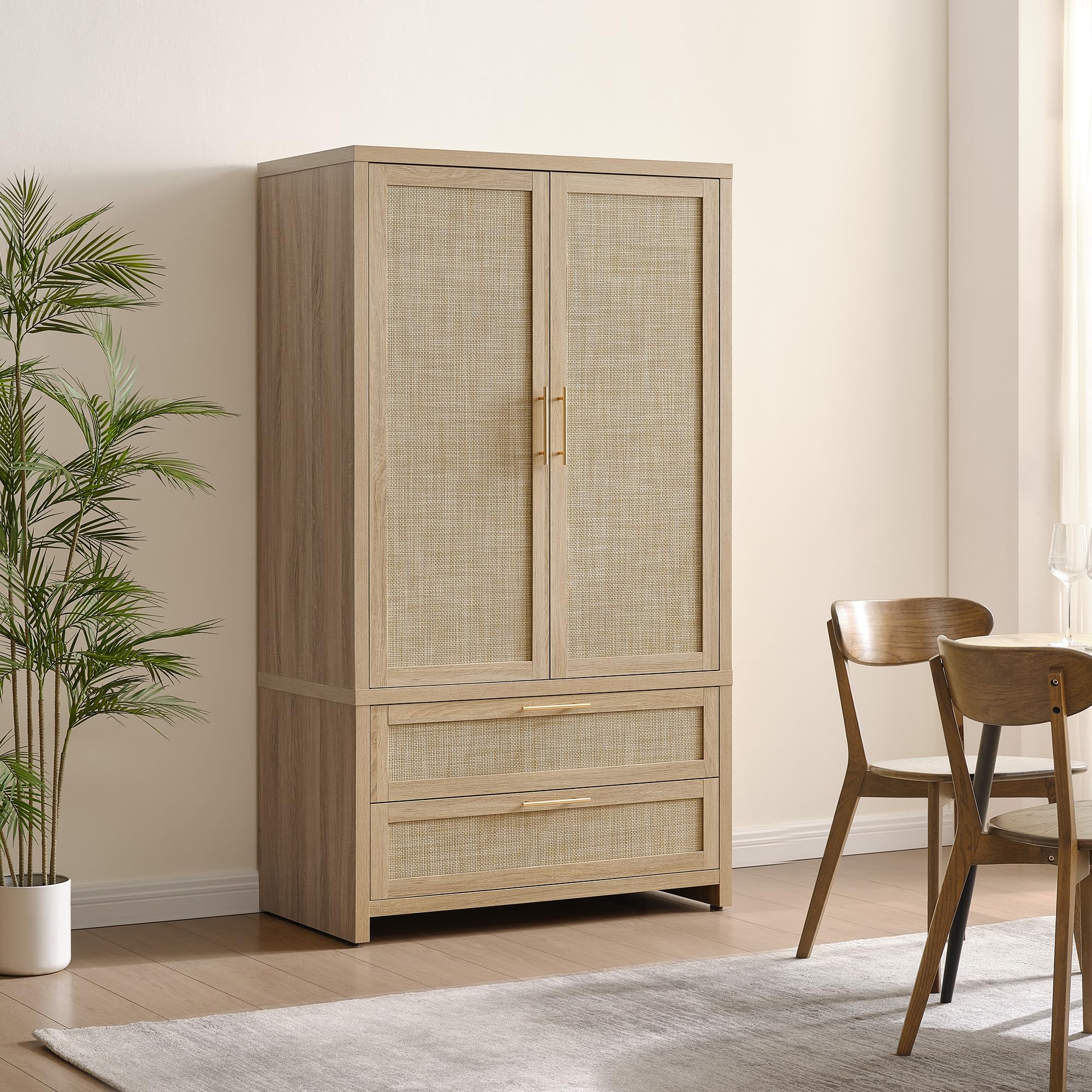 Condition photo showing New/Like New for sicotas rattan armoire wardrobe closet cabinet, 71" wardrobe storage cabinet with 2 drawers, and hanging rod, boho large-capacity deep armoire clothes organizer for bedroom, cloak room, light oak