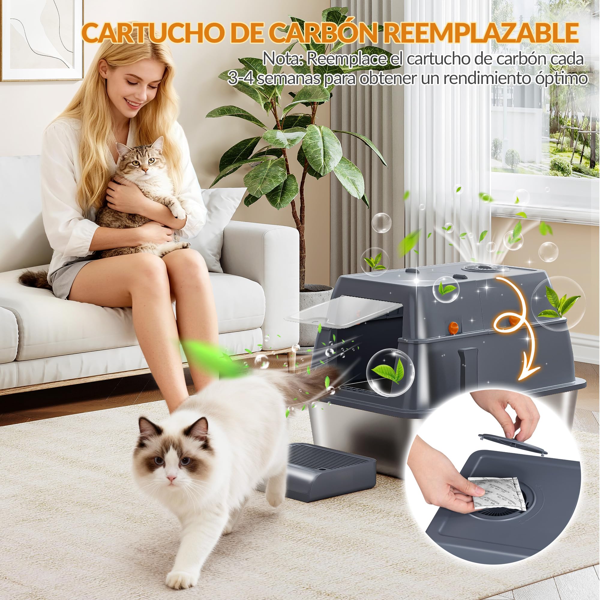 Arenero Acero Inoxidable Gatos XXL, 61 x 41 x 40 cm, Gris Oscuro | Arenero Cerrado para Gatos, con Tapa, Tapa con Bisagra de 180°, Pedal y Pala, Fácil de Limpiar, Diseño Modular FPLB203SG2