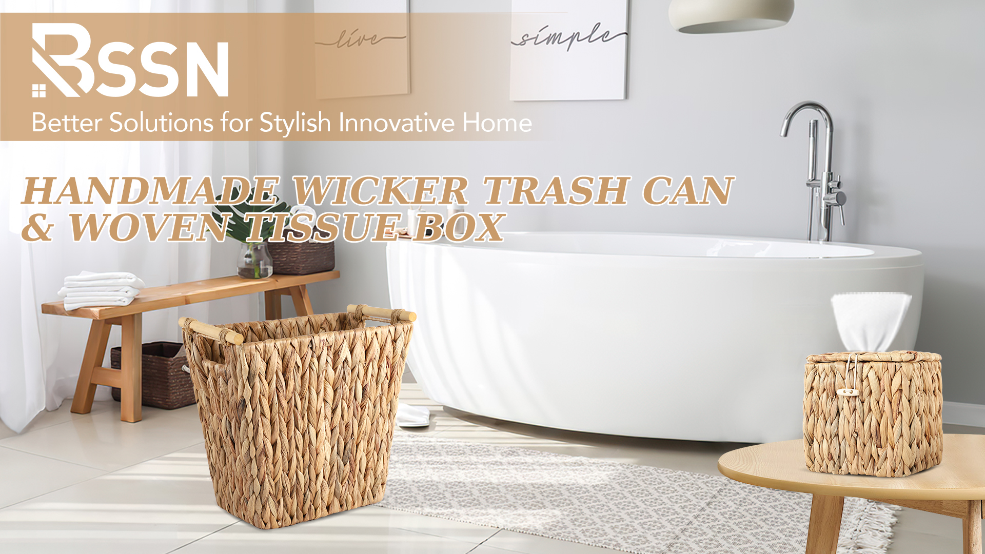 Image of Wicker Trash Can and Square Tissue Box Cover, 3.5 Gallon Water Hyacinth Bathroom Trash Can, Handwoven Napkin Holder, Narrow Small Waste Basket, Rustic Decorative Home Set for Bedroom, Bathroom, Office