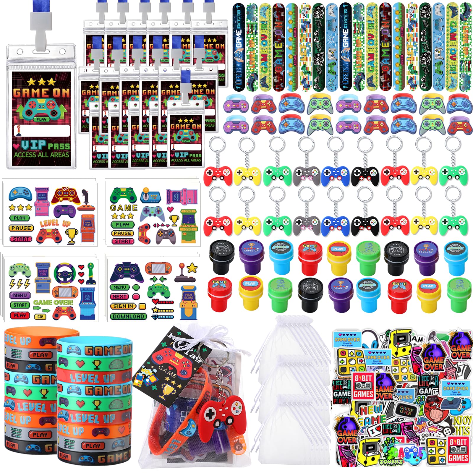212 Pcs Video Game Party Favors Birthday Supplies Included Game Console Handle Keychain Ring Wristband Sticker Stamper Pat Bracelet Organza Bag for Gamer Party Gift Bag Gift Rewards