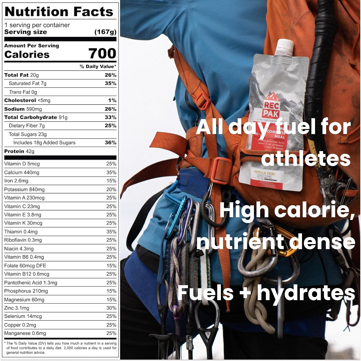 RecPak | 700 Cal, 43g Protein, Complete Nutrition for Backcountry Athletes | No-Cook Lightweight Liquid Meal for Mountaineering Backpacking Sking Hunting | Just Add Water & Go I Vanilla Chai (6-Pack)