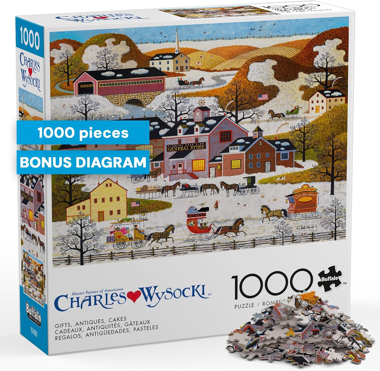 Buffalo Games - Charles Wysocki Gifts, Antiques, Cakes - 1000 Piece Puzzle | Art by Charles Wysocki, Made in USA, Recycled Board, Finished Size 26.25 x 19.75 in, Full-Size Poster Included, Giftable