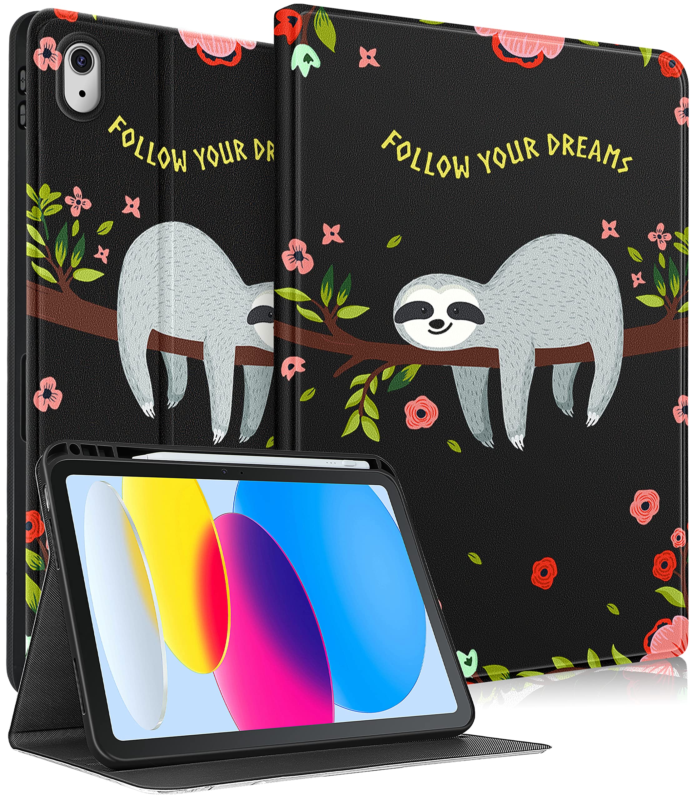 Uppuppy for Apple iPad 10th Generation Case 10.9 Inch Girls Cute Women Folio Smart Cover with Pencil Holder Sloth Flower Aesthetic Design Girly Kawaii Teens Cases for iPad 10 Gen 2022 A2696 A2757
