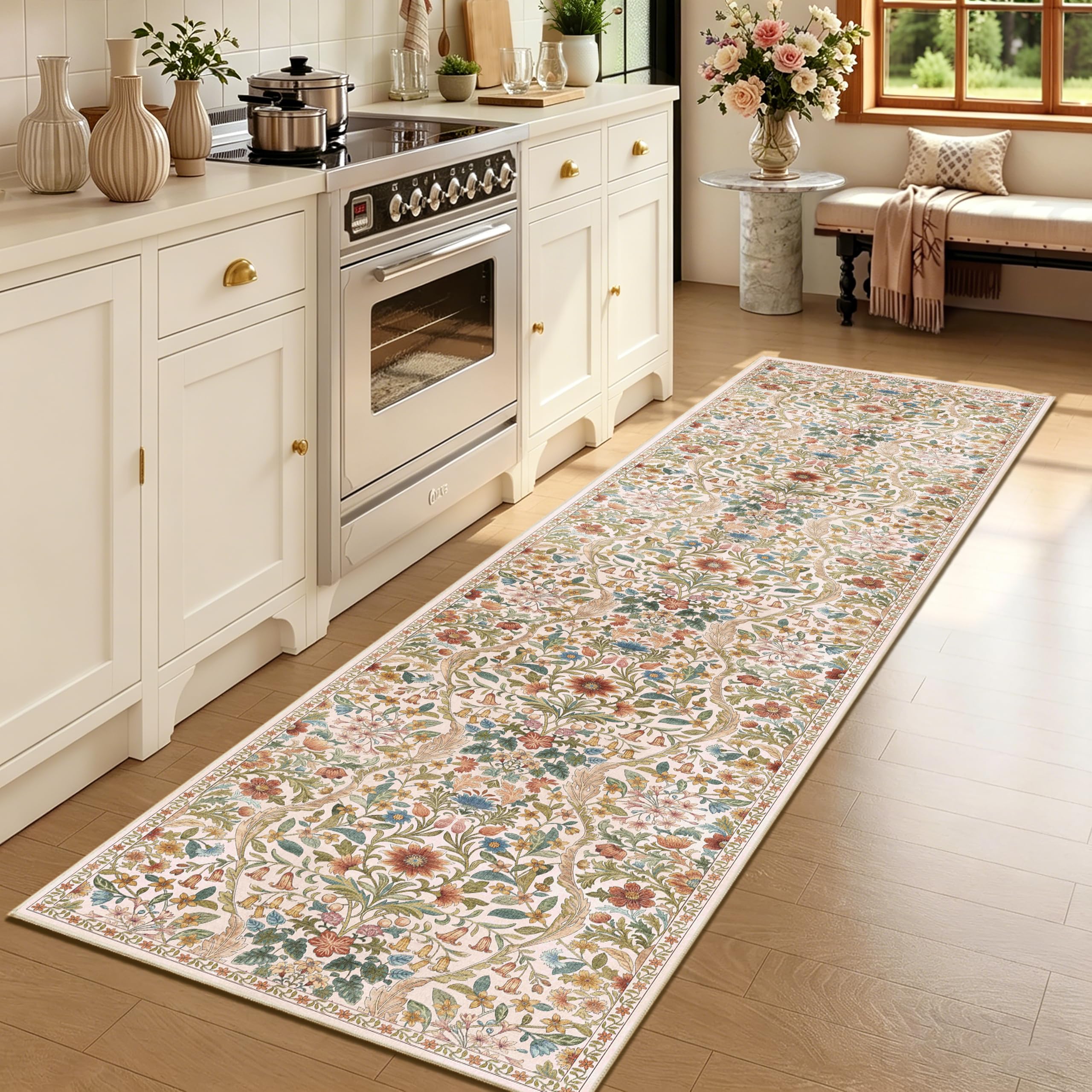 2x8 Floral Runner Rug for Kitchen Washable Hallway Runner Rug