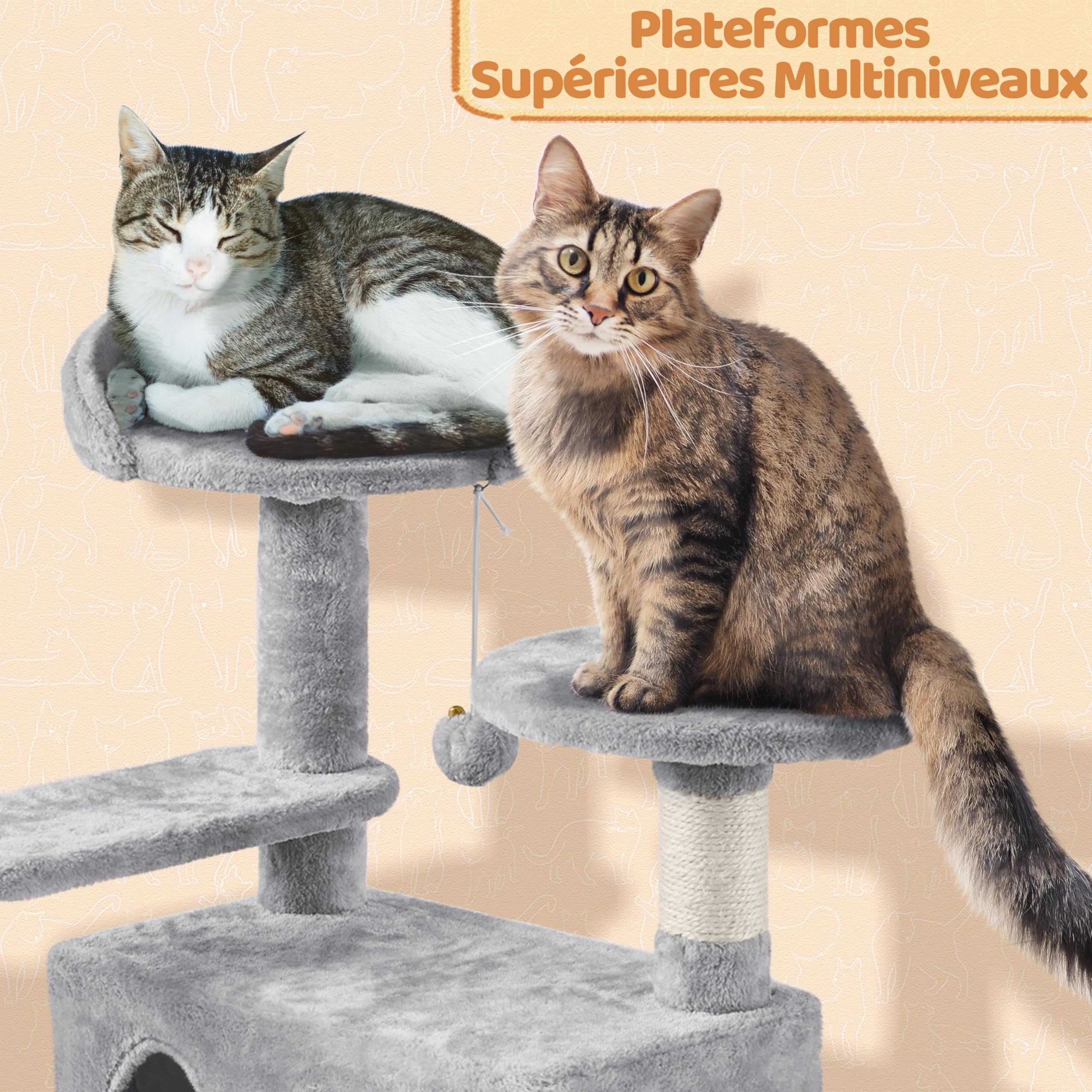 Yaheetech Arbre à Chat Multiniveau Tour pour Chat avec Cachettes Panier Perchoirs Rampe Poteaux en Sisal Boule Suspendue Tour d'escalade pour Chatons 145 cm de Haut Gris Clair