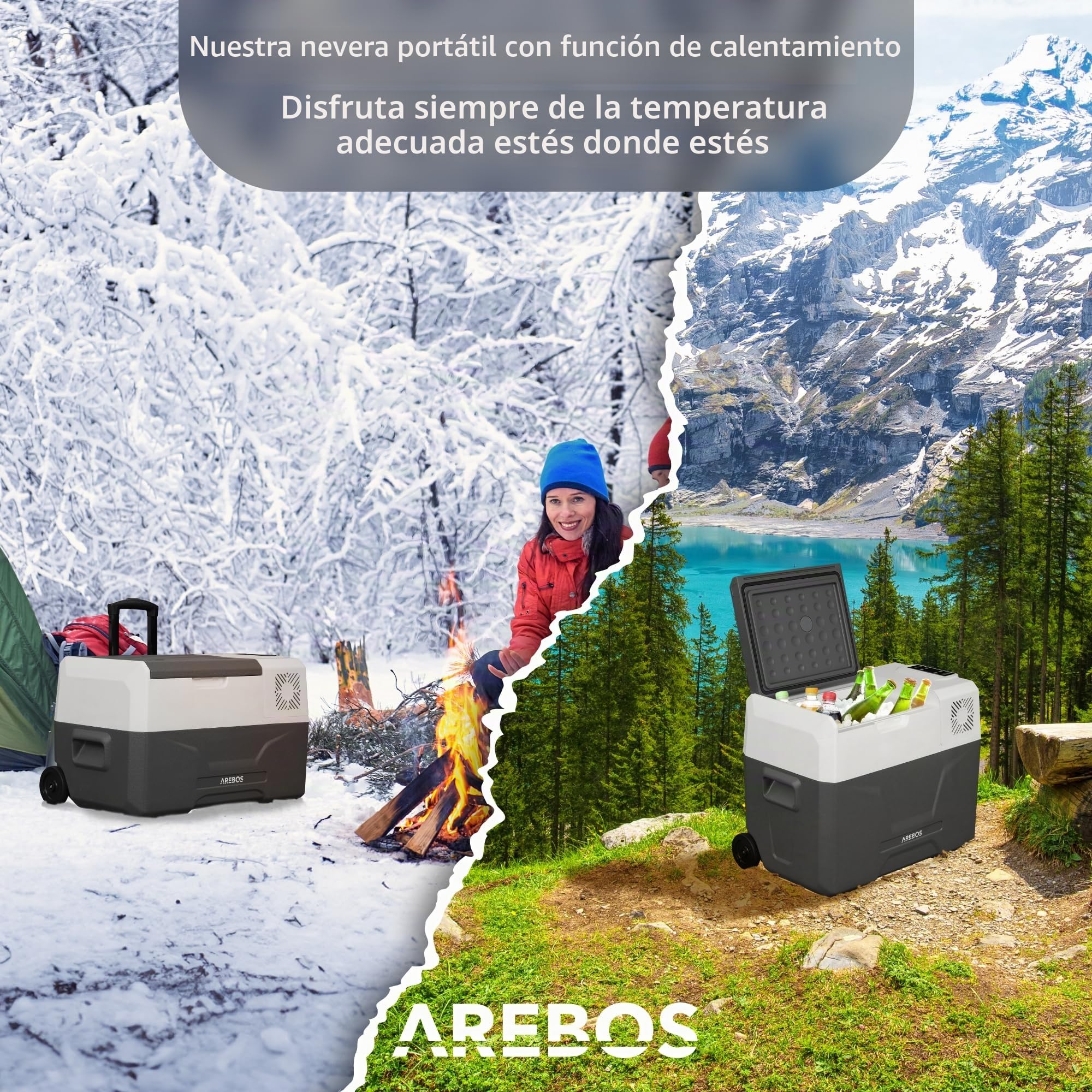 Arebos Nevera de compresor Ruedas 39 litros | Congelador eléctrico con Control App para Enfriar, congelar y Mantener Caliente | Refrigeración hasta -20 °C | Nevera para Coche