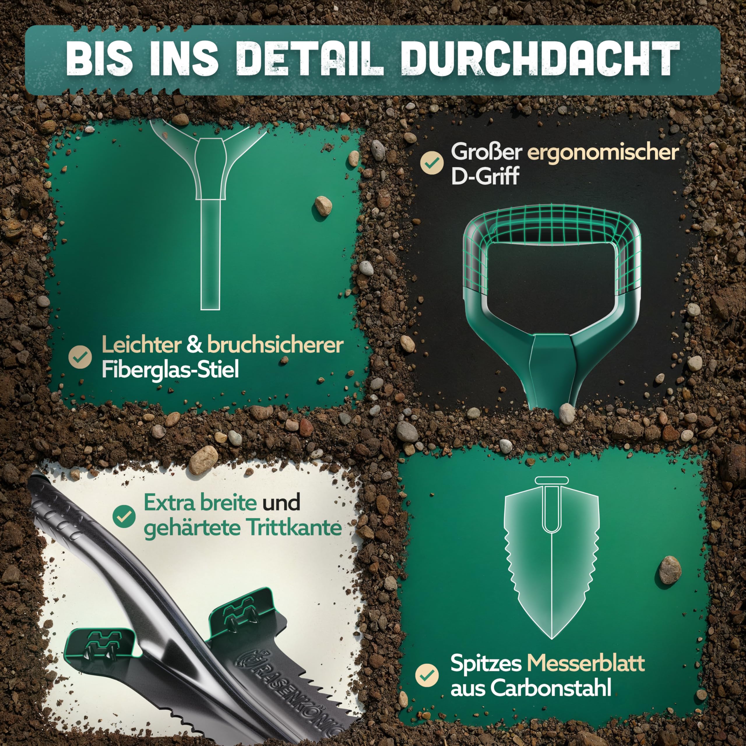 Spaten mit Wurzelsäge Pro [Massivstahl] Wurzelspaten für die Gartenarbeit | mit 20 Sägezähnen, ergonomischem Griff & breiter Trittkante | Stabiler Gartenspaten für leichteres Graben