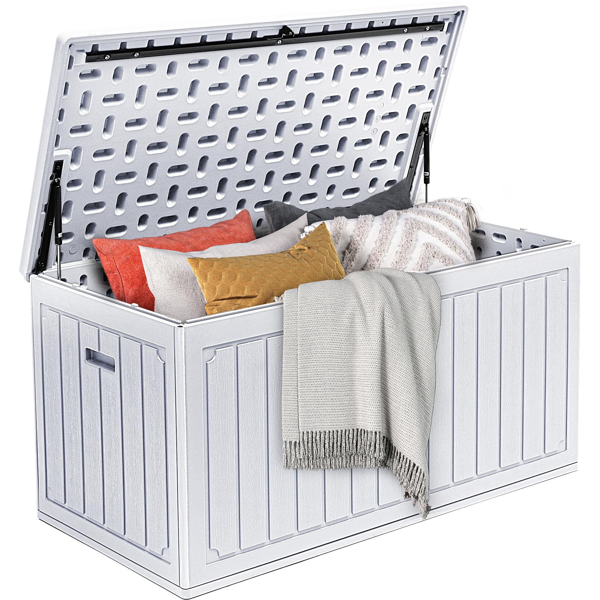 DWVO 340L Resin Outdoor Storage Box, Double-Wall Waterproof Deck Box with Wood Texture, Lockable Garden Storage that Doubles as Table or Bench (450 lbs Capacity)–White
