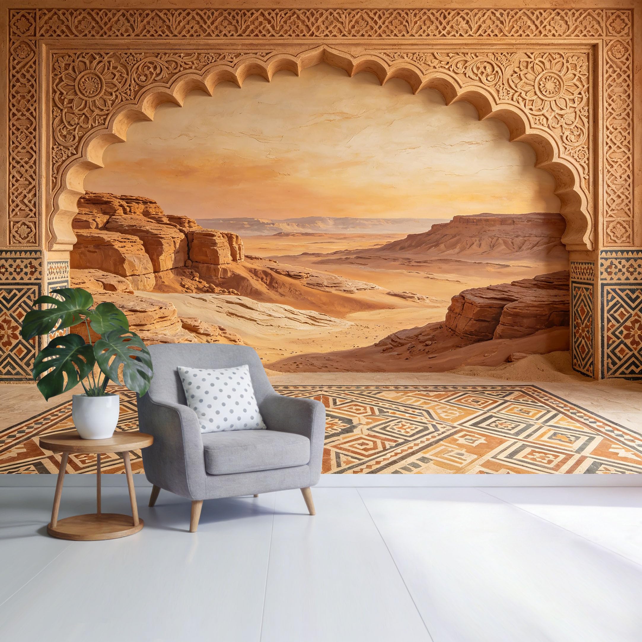 Custom Size Wall Mural Desert Canyon Landscape Arch Pattern Vintage Geometric Tile Design SelfAdhesive Wall Fabric Removable Wallpaper for Home Office Decor