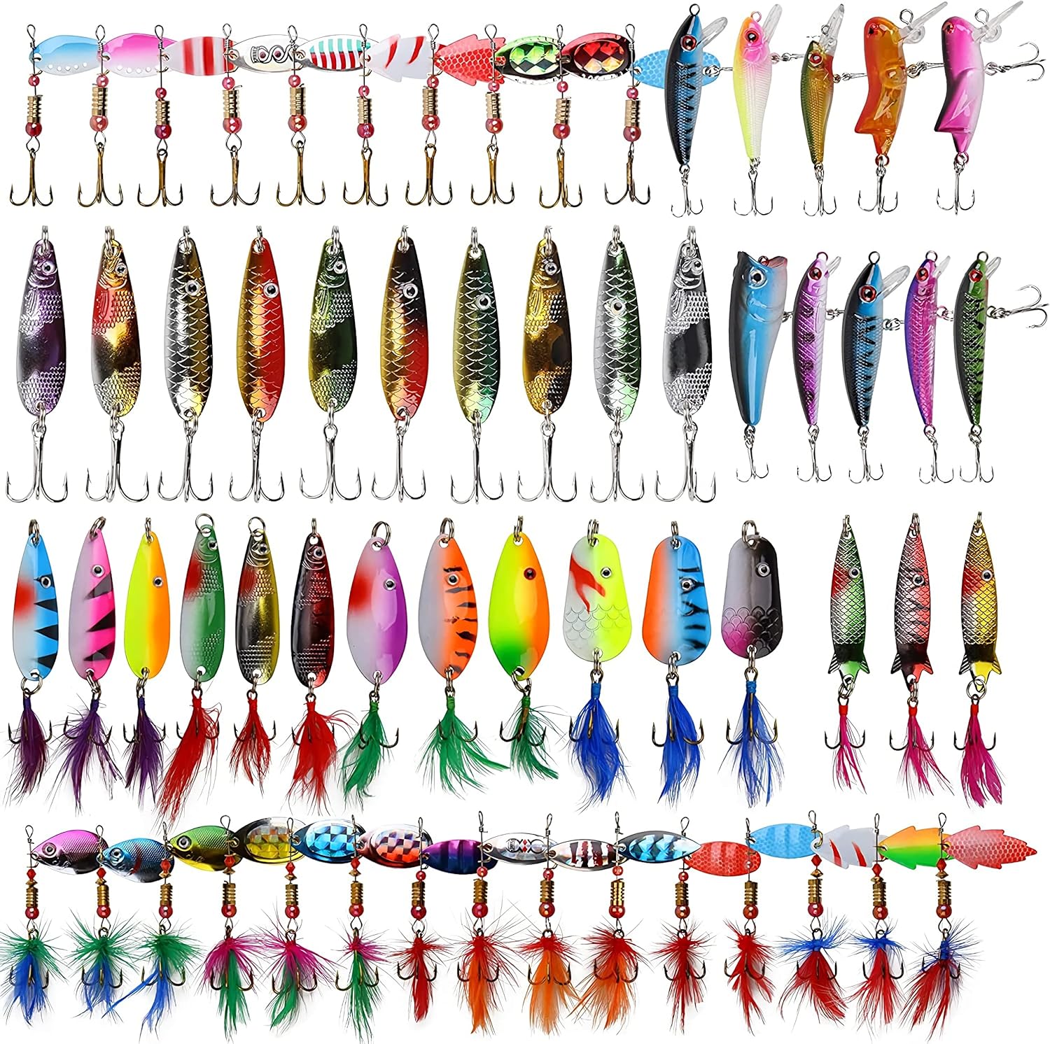 60pcs Spinnerbait Fishing Lures Kit Rooster Bait Tail Spinners Metal